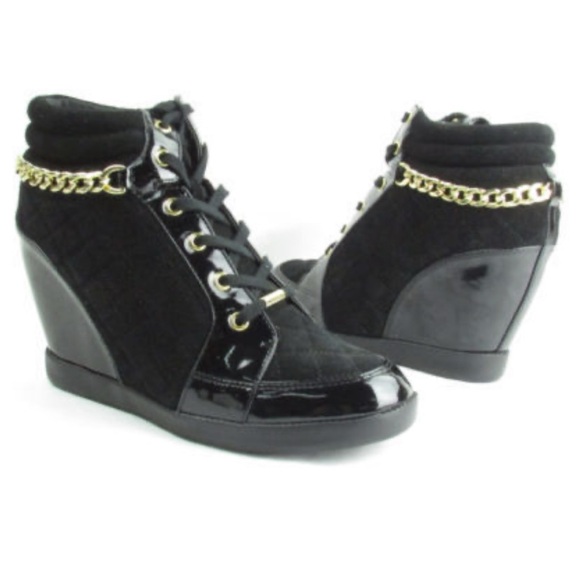 Guess Shoes - Guess Black ankle BOOTIES Hevin Quilted Wedge Sneakers lace up GOLD CHAIN Shoes